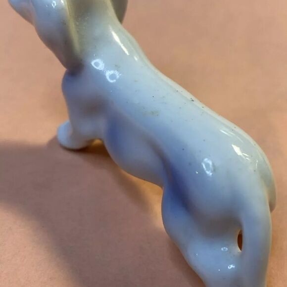Porcelain Mini Puppy Dog Dachshund Figurine Vintage White W Blue - Picture 4 of 8